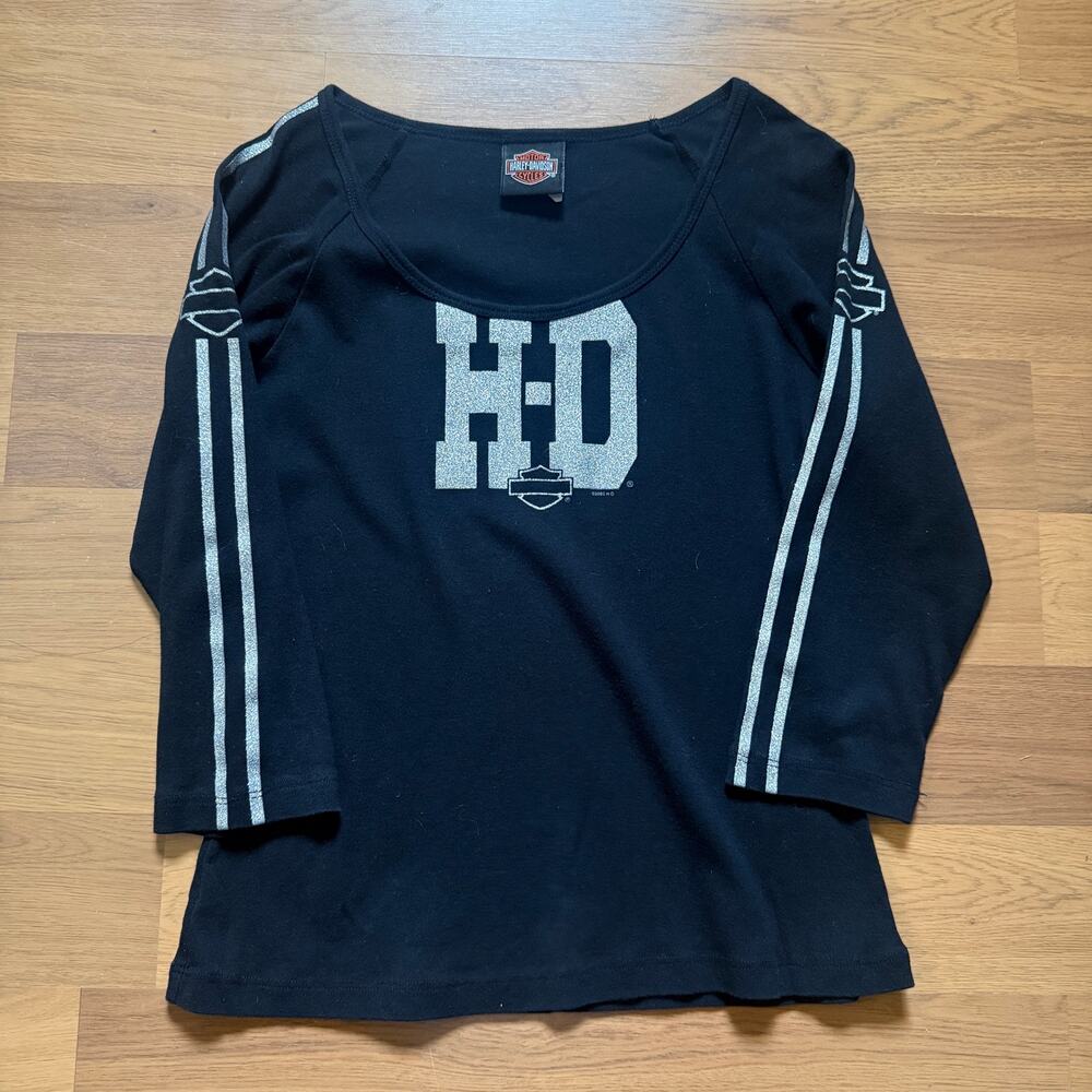 Women's Vintage y2k 2005 Harley Davidson Black Glitter Long Sleeve Shirt Sz M